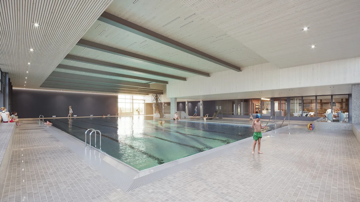 Und so sollen die Becken nach der Sanierung aussehen. Man sieht eine Visualisierung eines Hallenbads.